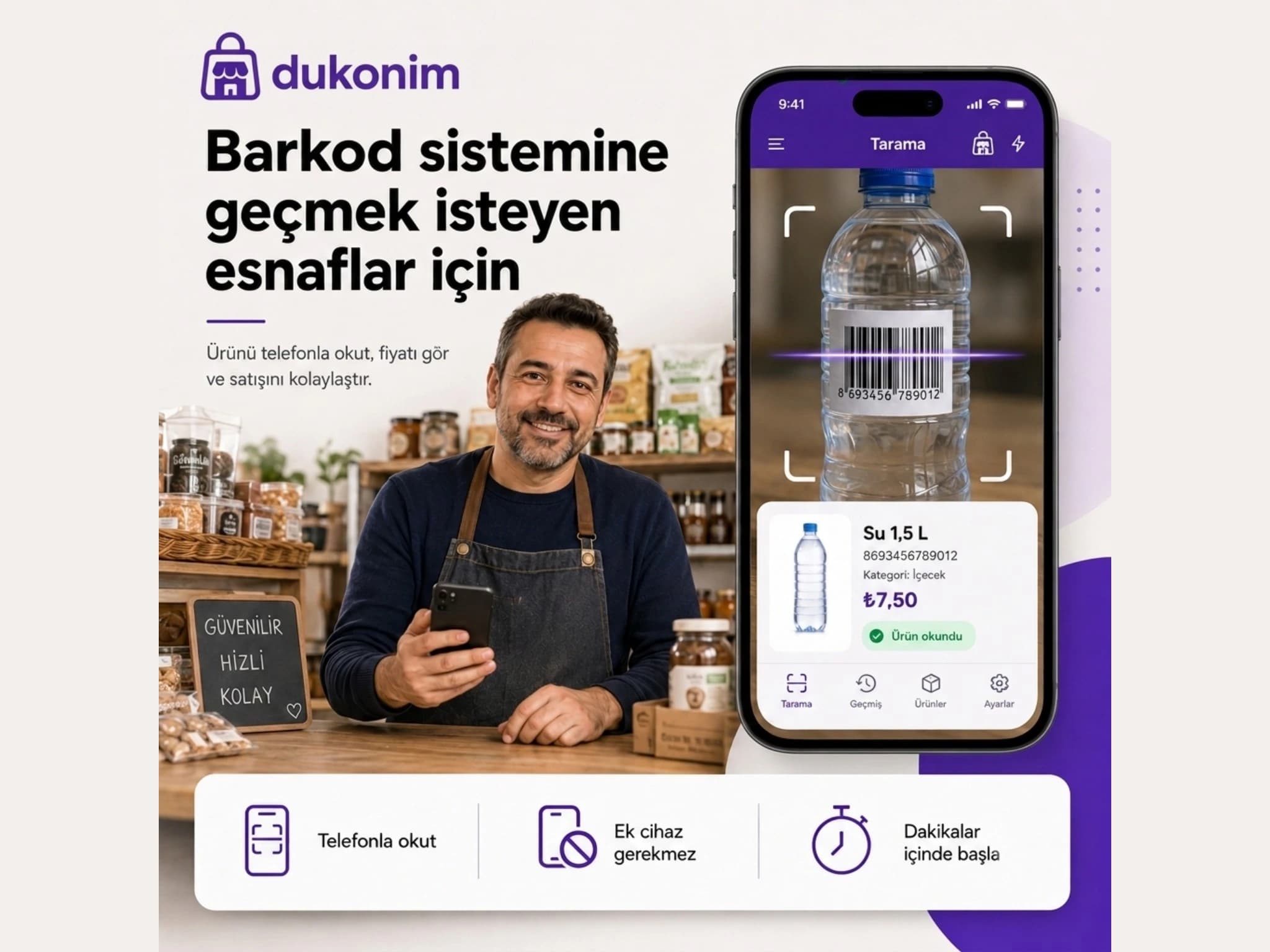 Telefon kamerasıyla barkod okutan esnaf ve Dukonim Kasa ürün tarama ekranı