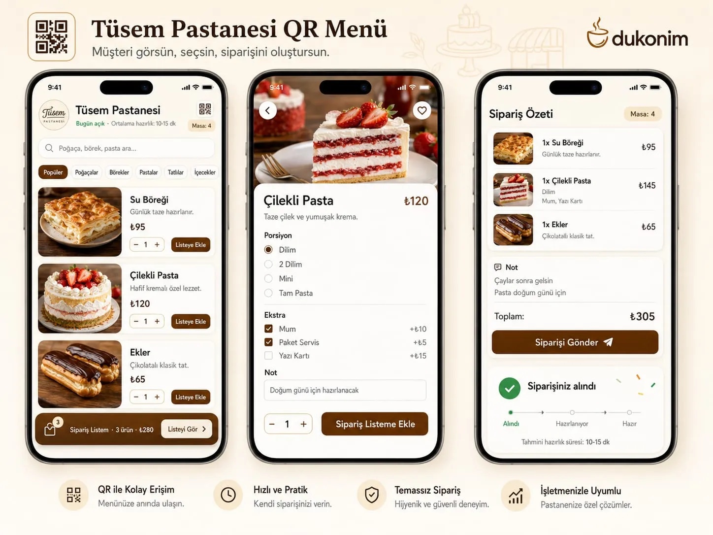 Tüsem Pastanesi QR menüsü telefon ekranlarında ürün listesi, ürün detayı ve sipariş özeti olarak gösteriliyor.