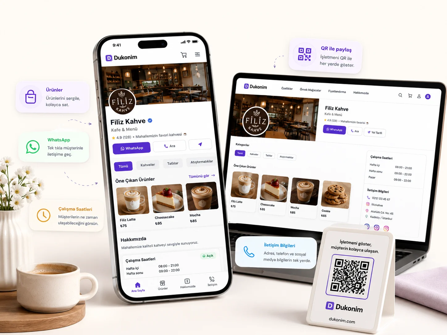 Dukonim ile hazırlanmış kafe vitrininin telefon, bilgisayar ve QR masa kartı üzerinde görünümü